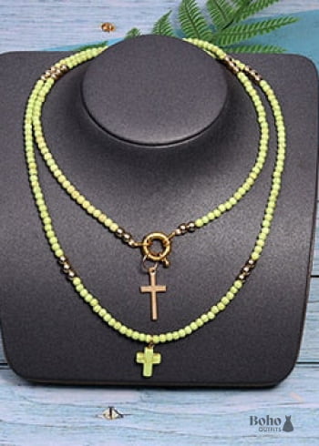 Boho Necklace, Seed Bead Layered Choker, Double Cross